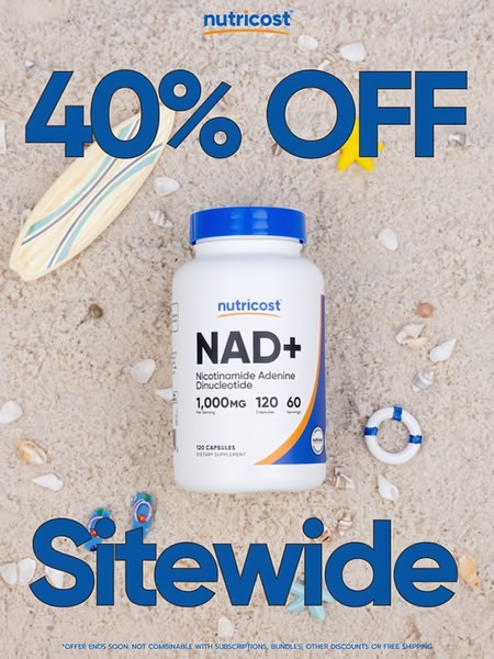 A high-contrast, beach-themed promotional ad for NAD+ supplements using a clear 40% off offer to drive immediate conversions.